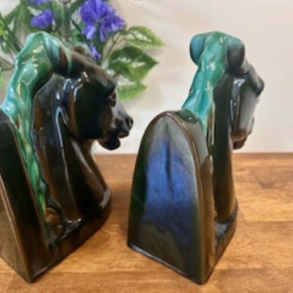 Blue‎ Mountain Pottery Horse Head Bookends Canadian Mid-Century Green Drip Glaze - Picture 4 of 6